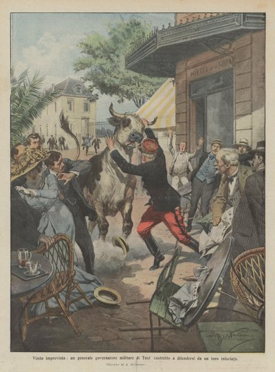 Onverwacht bezoek, een generaal-militair gouverneur van Toul gedwongen zich te verdedigen tegen een woedende stier door Achille Beltrame