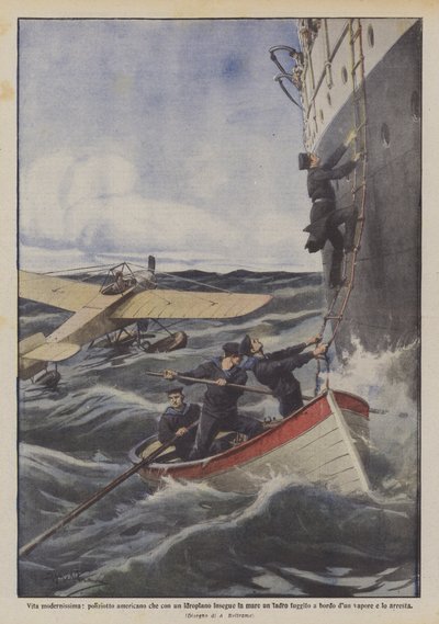 Zeer modern leven, Amerikaanse politieagent achtervolgt een dief op zee met een watervliegtuig door Achille Beltrame