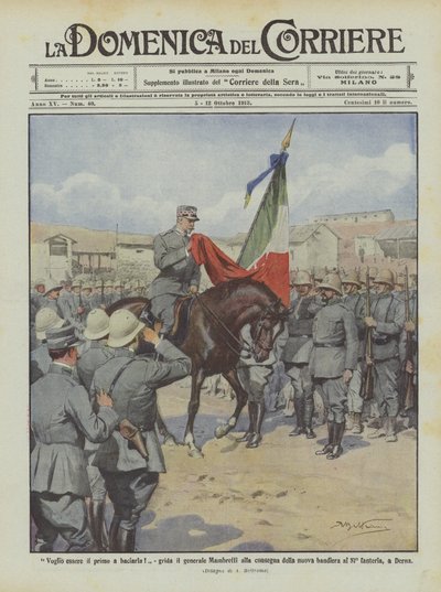 Ik wil de eerste zijn die haar kust!, roept generaal Mambretti bij de overhandiging van de nieuwe vlag door Achille Beltrame