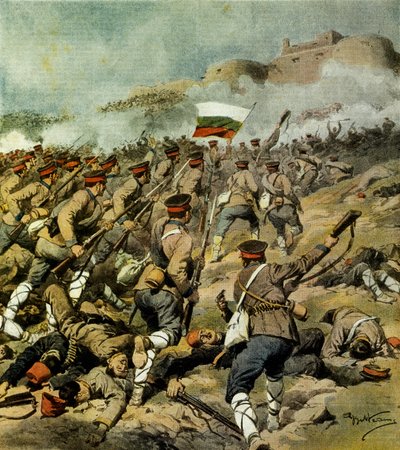 Oorlog van Vijf Naties, Bulgaarse leger rukt op naar Adrianopel en neemt Kirk Kilisse in met indrukwekkende militaire buit, illustratie uit La Domenica del Corriere, 3 november 1912 door Achille Beltrame
