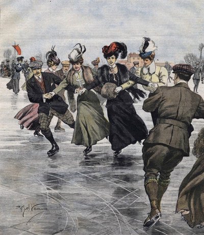 Winterpret. Schaatsers. Illustratie door Achille Beltrame in 1907. door Achille Beltrame