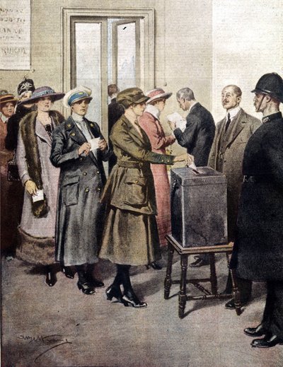 Vrouwen stemden voor het eerst in Engeland. 1919. Illustratie van A. Beltrame. La Domenica del Corriere. door Achille Beltrame