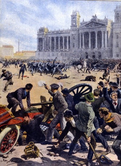 Opstand van arbeiders in Boedapest in 1912 voor algemeen kiesrecht. door Achille Beltrame