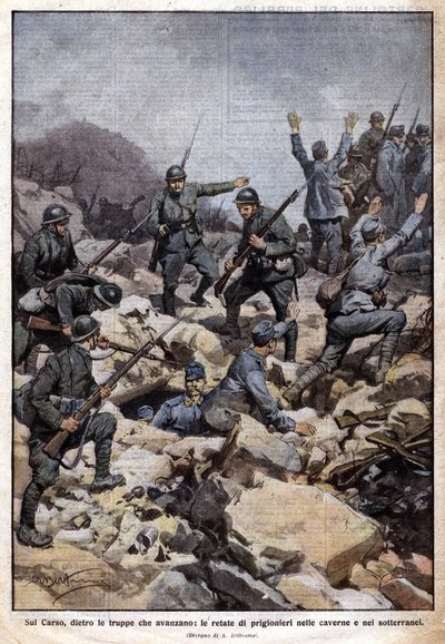 Eerste Wereldoorlog: Italiaanse front op het Carso-plateau (Trentino) en gevangenen in de ondergrond. 