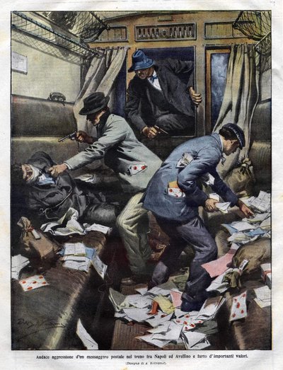 Bandieten bij de overval op een posttrein tussen Napels en Avellino in 1910. Illustratie door Achilles Beltrame voor de Domenica del Corriere door Achille Beltrame