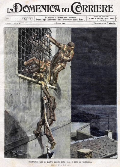 ontsnapping van drie gevangenen uit de gevangenis van Finalmarina in Italië in 1907. Illustratie van Achille Beltrame voor de Domenica del Corriere van 3 maart door Achille Beltrame