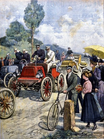 Eerste ronde van Italië per auto in 1901 illustratie door Achille Beltrame door Achille Beltrame