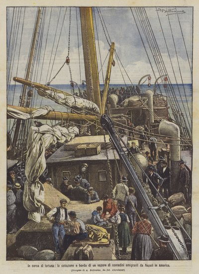 Op zoek naar geluk, het ontbijt aan boord van een stoomschip van boeren die emigreren van Napels naar Amerika door Achille Beltrame