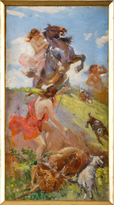 Amazones jagen op een hert door Achille Boschi