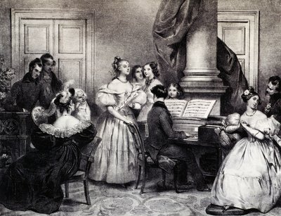 Familieconcert met piano, door Achille Deveria (1800-1857), gravure, Frankrijk door Achille Devéria