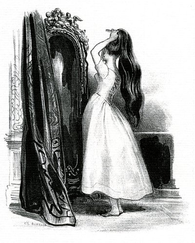 Madame Bovary, voor de roman van Gustave Flaubert - Emma Bovary stapelt haar lange haar op voor haar spiegel door Achille Devéria
