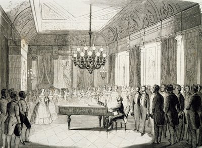 Muzikale avond met piano, door Achille Deveria (1800-1857), gravure, Frankrijk door Achille Devéria