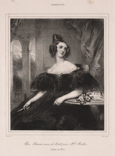Jonge vrouw met een waaier zittend aan een tafel, 1835 door Achille Devéria