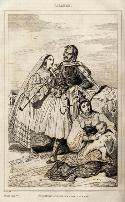 Een Albanese kolonie in Calabrië, gravure door Deveria, in "Italie pittoresque", Amable Coste uitgever, Parijs door Achille Devéria