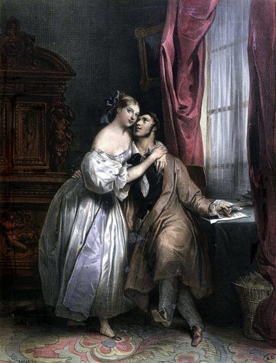 Verliefde geliefden - door Achille Deveria, lithografie door Achille Devéria