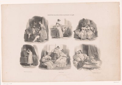 Zes voorstellingen van jonge vrouwen in een interieur door Achille Devéria