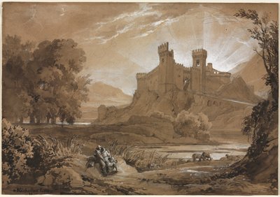 Landschap met kasteel en herders, 1814 door Achille Etna Michallon