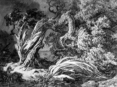 De eik en het riet (gravure) door Achille Etna Michallon