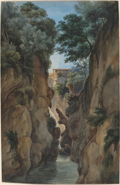 Uitzicht op een waterval door een ravijn door Achille Etna Michallon