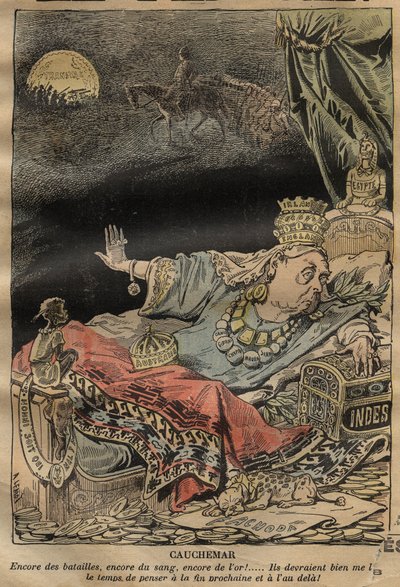 Cartoon over koningin Victoria door Achille Lemot (1846-1909) - 1899 - Nachtmerrie - meer gevechten, meer bloed, meer goud... door Achille Lemot