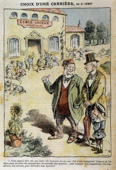 Keuze van een carrière: Cartoon over de Laique School - door Achile Lemot (1846-1909), in "Le Pelerin" van 04/04/1909 door Achille Lemot