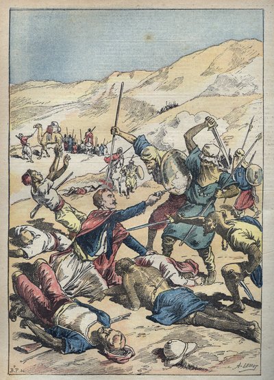 Dood van de markies van Mores en zijn metgezellen nabij El-Ouatia in Tunesië in 1896 - Illustratie van Achille Lemot in 