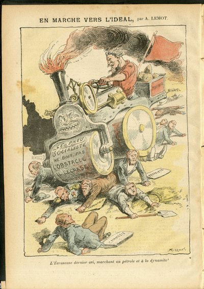 Illustratie van Achille Lemot (1846-1909) in Le Pelerin, 27/05/06 - Op de mars naar het ideaal - Sociaal, Automobiel, Dode lichamen, Revolutie, Rode Vlag, Economie, Socialisme, Pneumatisch, Lek door Achille Lemot