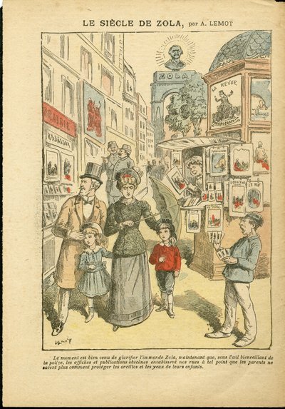 Illustratie van Achille Lemot (1846-1909) in Le Pelerin, 03/05/08 - De eeuw van Zola - Religie Geloof, Familie, Pornografie, Krantenkiosken, Katholiek Katholicisme, Rue steeg - Zola Emile door Achille Lemot