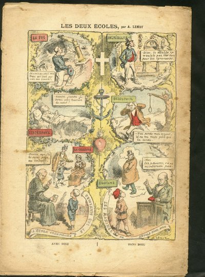 Illustratie van Achille Lemot (1846-1909) in Le Pelerin, 04/04/09 - De twee scholen - Onderwijs, Religie Geloof, Katholicisme - Laicisatie Laicite Laiques Wetten - Leraar, Lyceumstudent, collegiaan, Pastoors door Achille Lemot