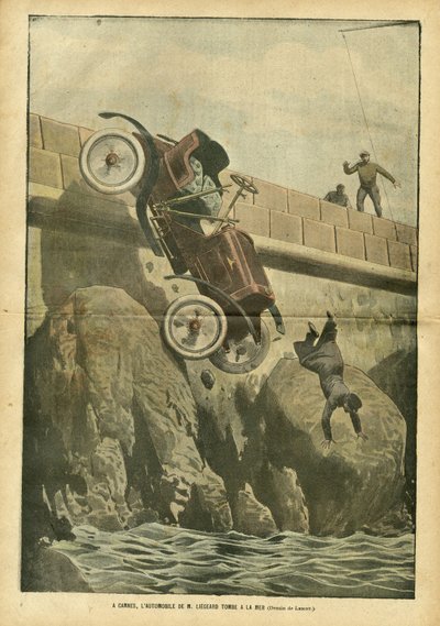 Illustratie van Achille Lemot (1846-1909) in Le Pelerin, 05/05/07 - In Cannes valt de auto van meneer Liegard in zee - Diverse feiten, Auto, Maritiem Marine Kust, Ongelukken Rampen door Achille Lemot