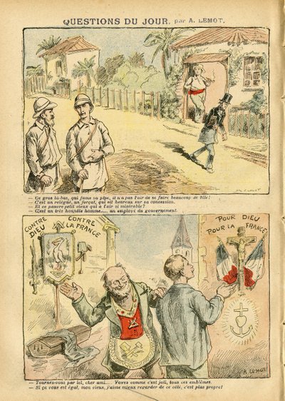 Illustratie van Achille Lemot (1846-1909) in Le Pelerin, 06/10/07 - Vraag van de dag - Kolonisatie Kolonialisme Kolonisme, Antimaconisme Vrijmetselarij, Religie Geloof, Atheïsme, Patriottisme, Ballingschap, Katholiek Katholicisme - Kolonisten, Ontdekkingsr door Achille Lemot