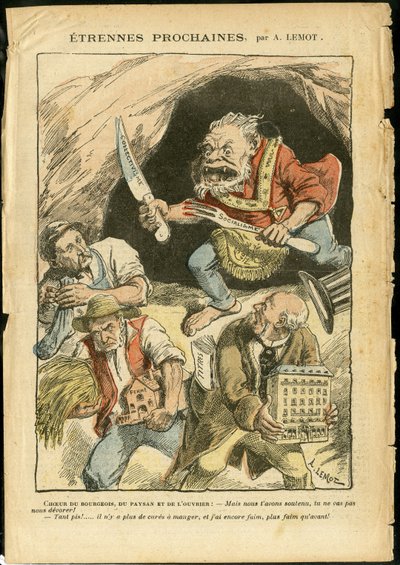 Illustratie van Achille Lemot (1846-1909) in Le Pelerin, 07/01/06 - Volgende vreemdeling - Landbouw, Collectivisme, Socialisme - Arbeider, Boeren, Boeren - Oger/eten/slikken, Animalisatie door Achille Lemot