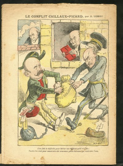 Illustratie van Achille Lemot (1846-1909) in Le Pelerin, 07/03/09 - Het Caillaux-Picard Conflict - Belastingen, Inkomstenbelasting - Combes Emile (1835-1921), Clemenceau George, Caillaux Joseph (1863-1944) door Achille Lemot