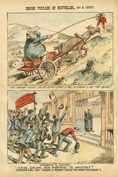 Illustratie van Achille Lemot (1846-1909) in Le Pelerin, 20/10/07 - oude en nieuwe dingen - Elysee, Socialisme, Ministerie - Jaures Jean, Ezel - Portfolio door Achille Lemot
