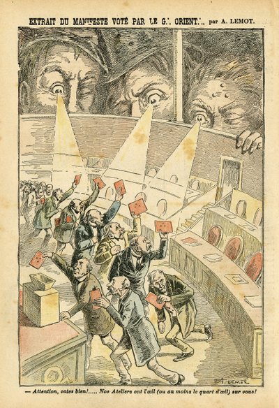Illustratie van Achille Lemot in Le Pelerin, 20/11/04 - Uittreksel uit het manifest gestemd door de Grote Oriënt - Antimaconisme, Vrijmetselarij, Grote Oriënt van Frankrijk - Urn door Achille Lemot