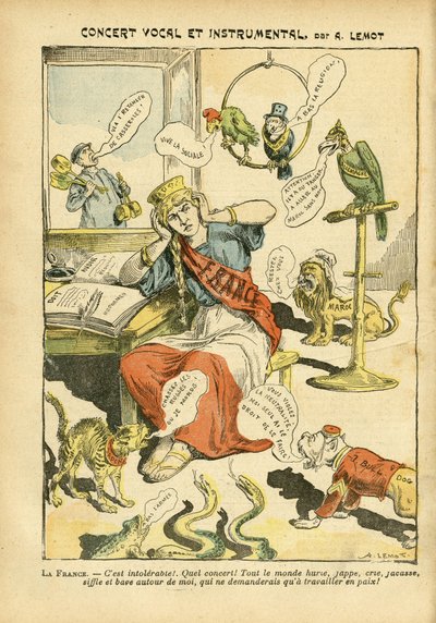 Illustratie van Achille Lemot (1846-1909) in Le Pelerin, 21/05/05 - Vocaal en instrumentaal concert - Rusland, Duitsland Pruisen, Muziek, Engeland Groot-Brittannië, Europa, Japan, Vrede, Marokko, Diplomatie, Driekleurige vlag, Blok van links, Zingen zanger door Achille Lemot