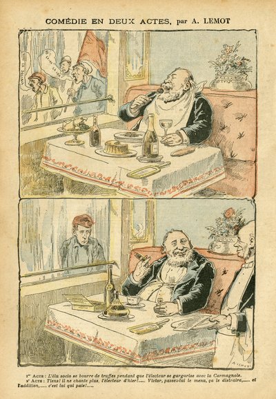 Illustratie van Achille Lemot in Le Pelerin, 22/05/04 - Komedie in twee bedrijven - Restaurant Cafés, Gastronomie koken, Socialisme - Caféjongens, Truffel - Vet/mager door Achille Lemot