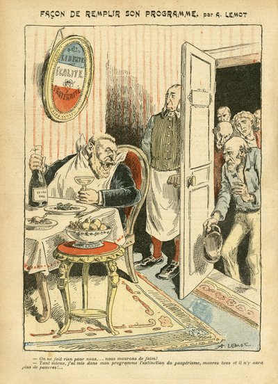 Illustratie van Achille Lemot in Le Pelerin, 23/07/05 - Hoe zijn programma te vervullen - Sociaal, Armoede, Gastronomie koken, Socialisme - Jaurès Jean, Afgevaardigde, Homemans - Voedsel Metafoor, Oppositie/Associatie door Achille Lemot