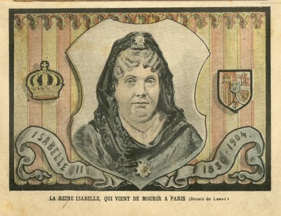 Illustratie van Achille Lemot (1846-1909) in Le Pelerin, 24/04/04 - Koningin Isabelle, die net is overleden in Parijs - Parijs, Spanje, Monarchie, Buitenlandse Soeverein - Isabella II van Spanje (1830-1904) door Achille Lemot