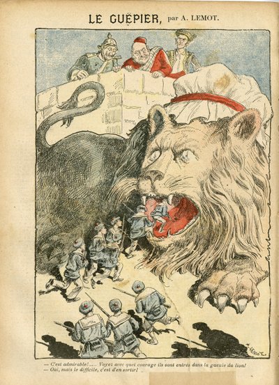 Illustratie van Achille Lemot (1846-1909) in Le Pelerin, 25/08/07 - Le Guepier - Oorlog, Duitsland Pruisen, Engeland Groot-Brittannië, Spanje, Maritiem Marine Kust - Leeuw/Tijger door Achille Lemot