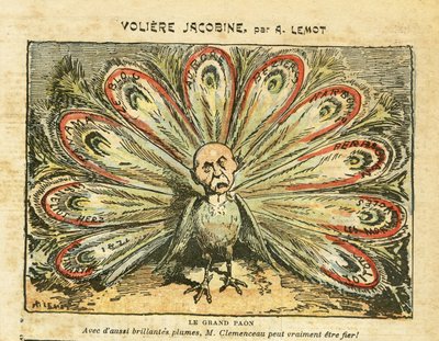 Illustratie van Achille Lemot (1846-1909) in Le Pelerin, 26/01/08 - Voliere jacobine - Bloc des lefts, Wijncrisis Revolte des vignerons, Narbonne, Beziers, Aurore (dagboek) - Clemenceau George, Pauw, - Animalisatie door Achille Lemot