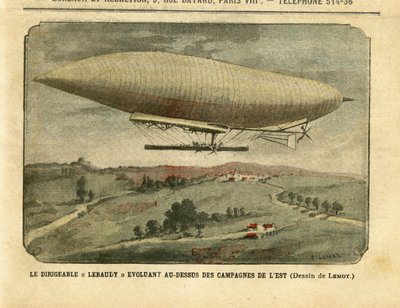 Illustratie van Achille Lemot (1846-1909) in Le Pelerin, 26/11/05 - Het luchtschip Lebaudy evolueert over het oostelijke platteland - Campagne, Ballonnen luchtschepen zeppelins aerostation, Lebaudy door Achille Lemot