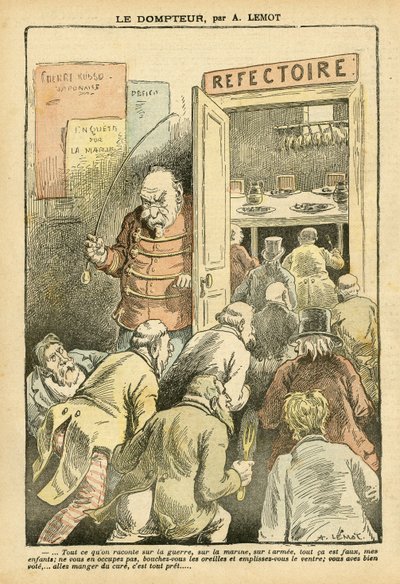 Illustratie van Achille Lemot in Le Pelerin, 27/03/04 - De temmer - Restaurant Cafés, Gastronomie kok - Combes Emile, Temmer - Voedsel Metafoor door Achille Lemot