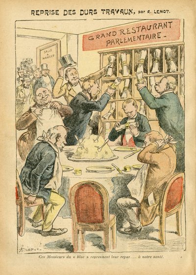 Illustratie van Achille Lemot in Le Pelerin, 27/10/07 - Hervatting van hard werken - Antiparlementarisme, Restaurant Cafés, Kamer van Afgevaardigden Hemicycle, Bloc des lefts, Plate au beurre - Afgevaardigde - Voedselmetafoor door Achille Lemot