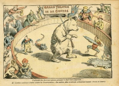 Illustratie van Achille Lemot (1846-1909) in Le Pelerin, 28/02/04 - De houding van verschillende naties... - Rusland, Russisch-Japanse Oorlog - Combes Emile, Beer, Eerlijke Beer - Animalisatie, Carnaval/Spel/Circus door Achille Lemot