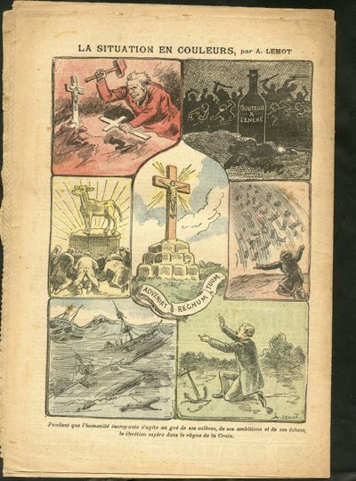 Illustratie van Achille Lemot (1846-1909) in Le Pelerin, 28/02/09 - De situatie in kleur - Religie Geloof, Maritiem Marine Kust, Atheïsme, Ongelukken Rampen, Natuurramp, Christelijk Kruis, Katholiek Katholicisme - Gouden Kalf door Achille Lemot