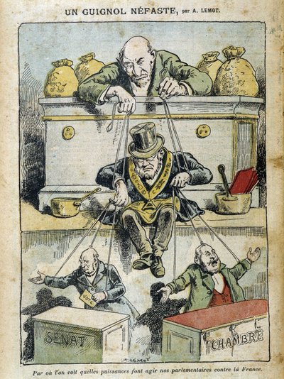De krachten van geld manipuleren de vrijmetselaar die de gekozen vertegenwoordigers van de Senaat en de Vergadering manipuleert - door Lemot, in 
