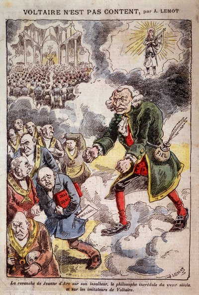 Voltaire is niet blij met Achille Lemot - Caricatuur over de Vrijmetselaars - in 