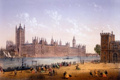 Houses of Parliament vanaf de zuidelijke oever, prent gemaakt door Ch. Riviere, 1862 door Achille Louis Martinet