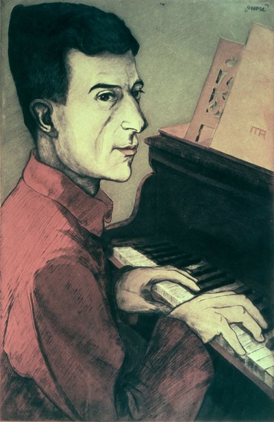 Portret van Maurice Ravel die piano speelt door Achille Ouvré